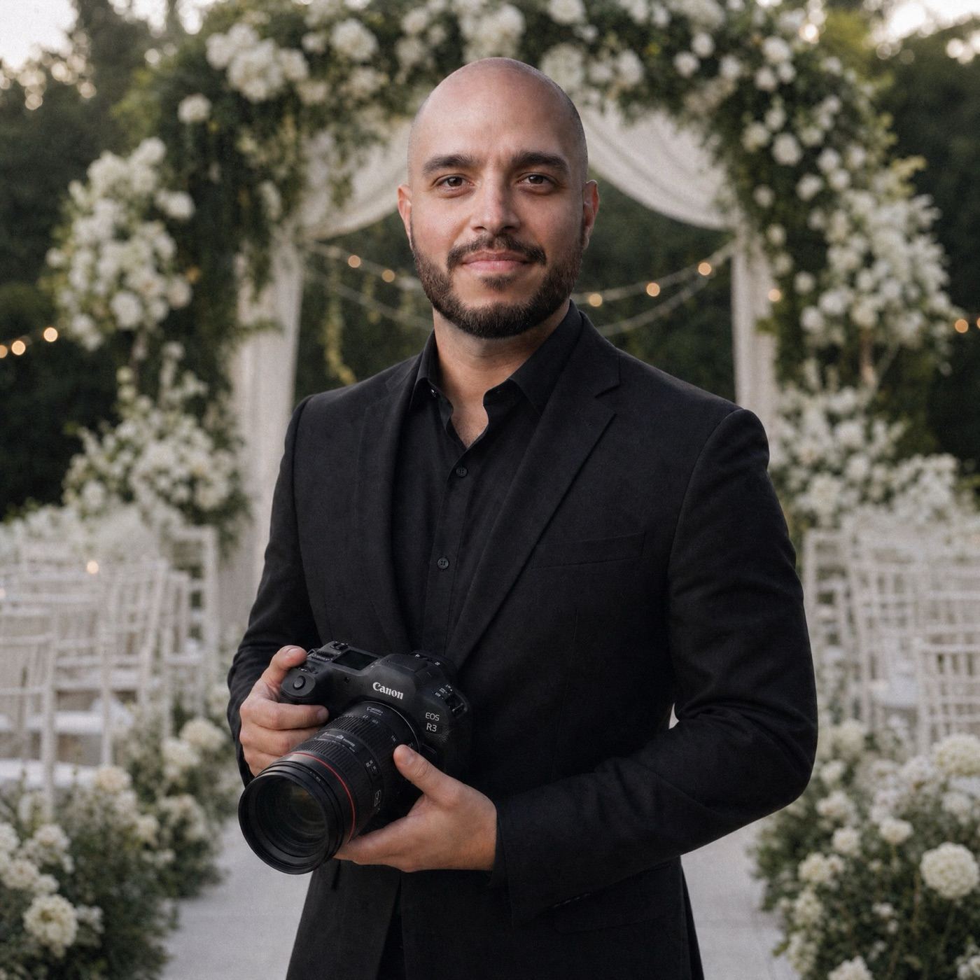 Ralph West, Cleveland editorial wedding photographer, holding Canon EOS R3 at wedding ceremony