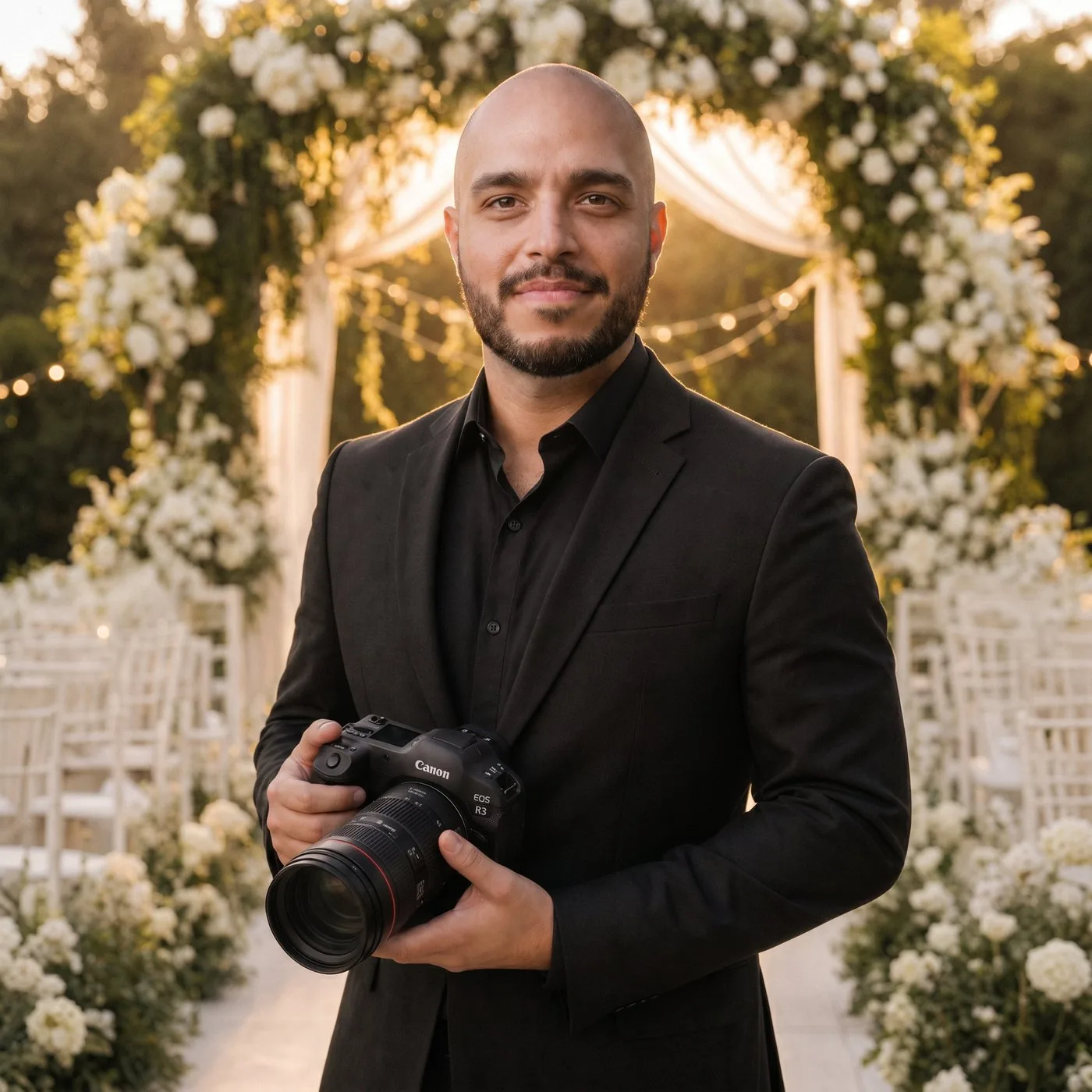 Ralph West, Cleveland editorial wedding photographer, holding Canon EOS R3 at wedding ceremony
